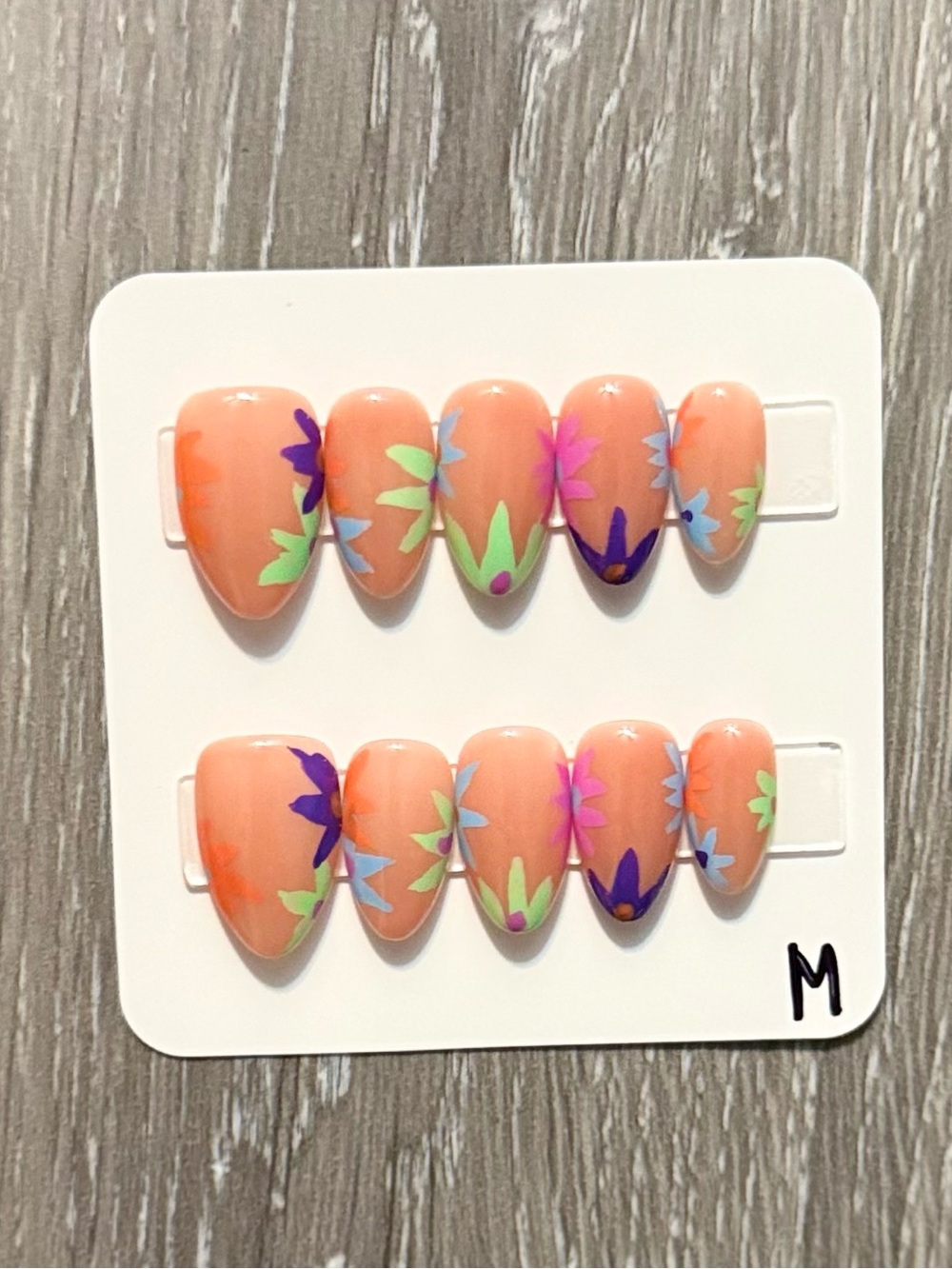Peach Floral Press-On Nail Set — Glossy Peach Nails with Multicolor Flowers